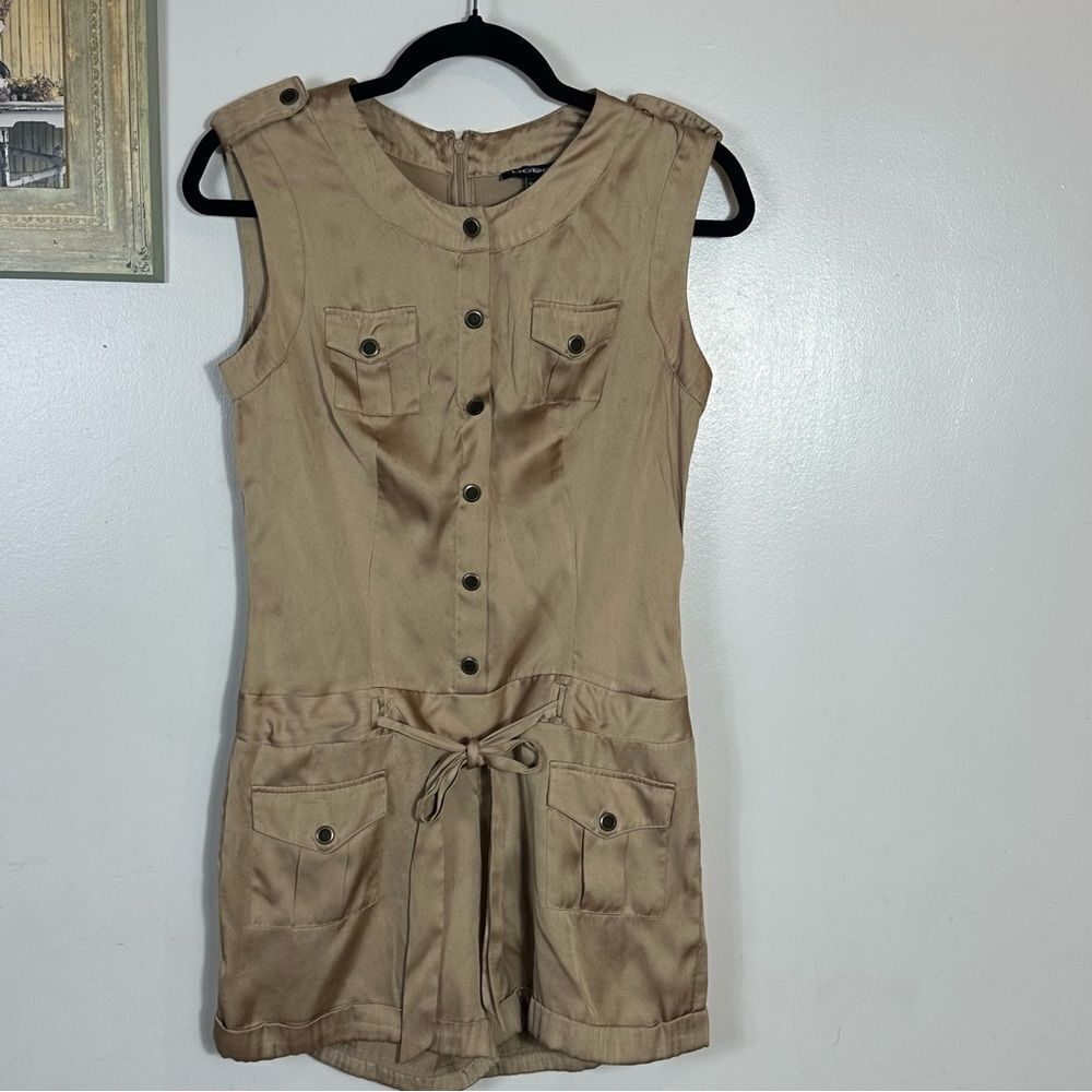 Bebe Tan Sleeveless Jumpsuit with Mandarin Collar